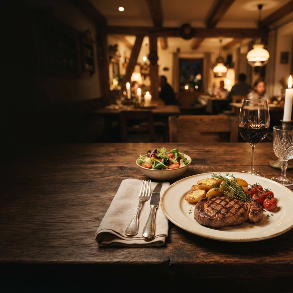 Stimmungsvoll angerichtetes Abendessen mit Wein – kulinarisches Symbolbild